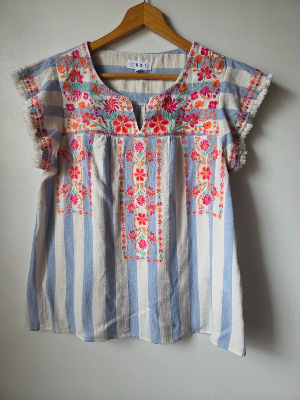 THML Blue and White Striped Embroidered Floral Cotton Blouse